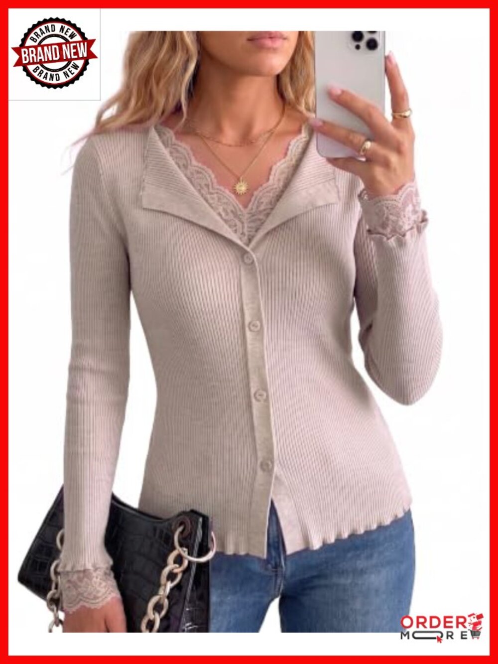 Women's Lace Trim V-Neck Ribbed Knit Sweater Long Sleeve Fall Top
